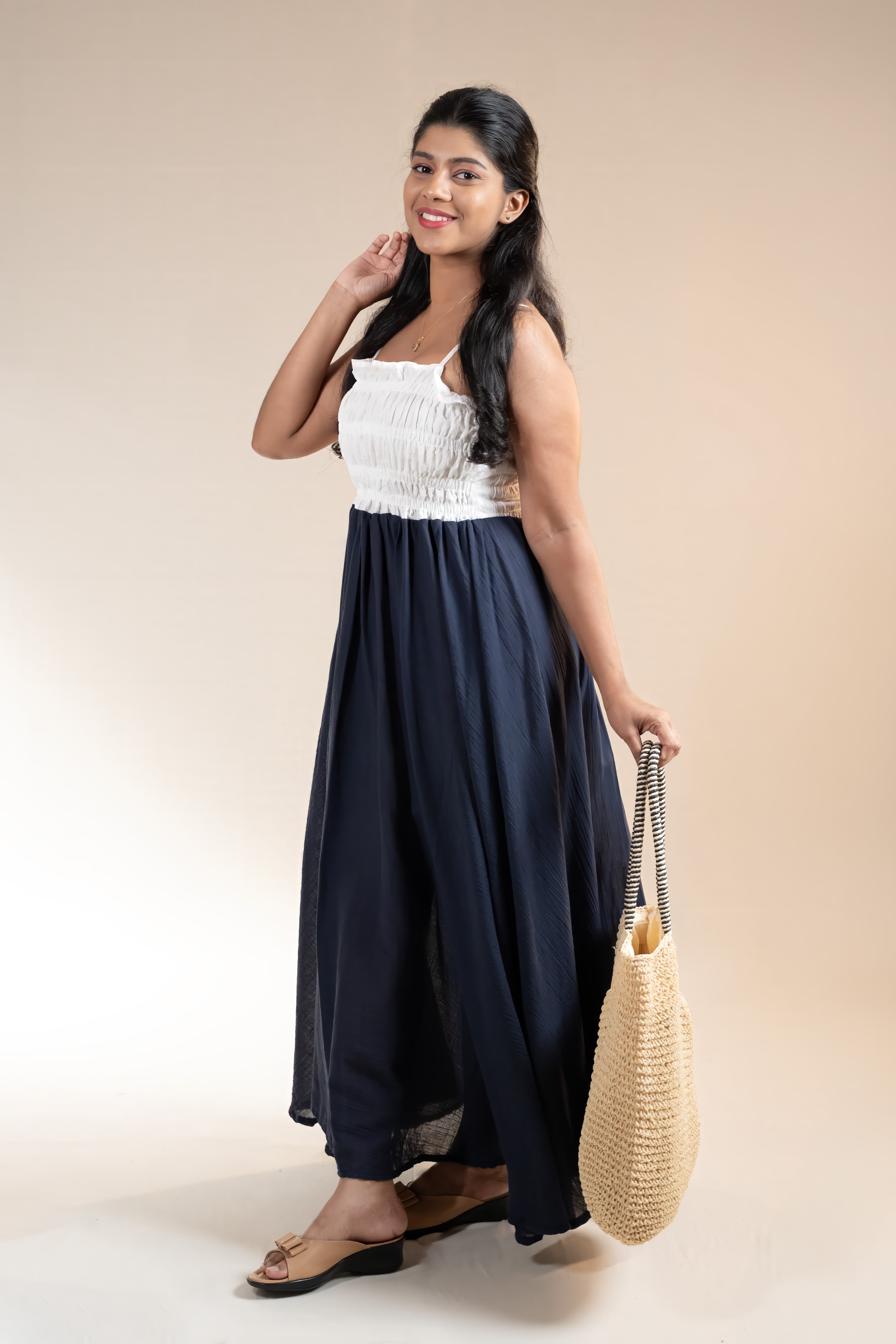Noir Drift Dress | Smocked Colorblock Maxi | Adum Culture