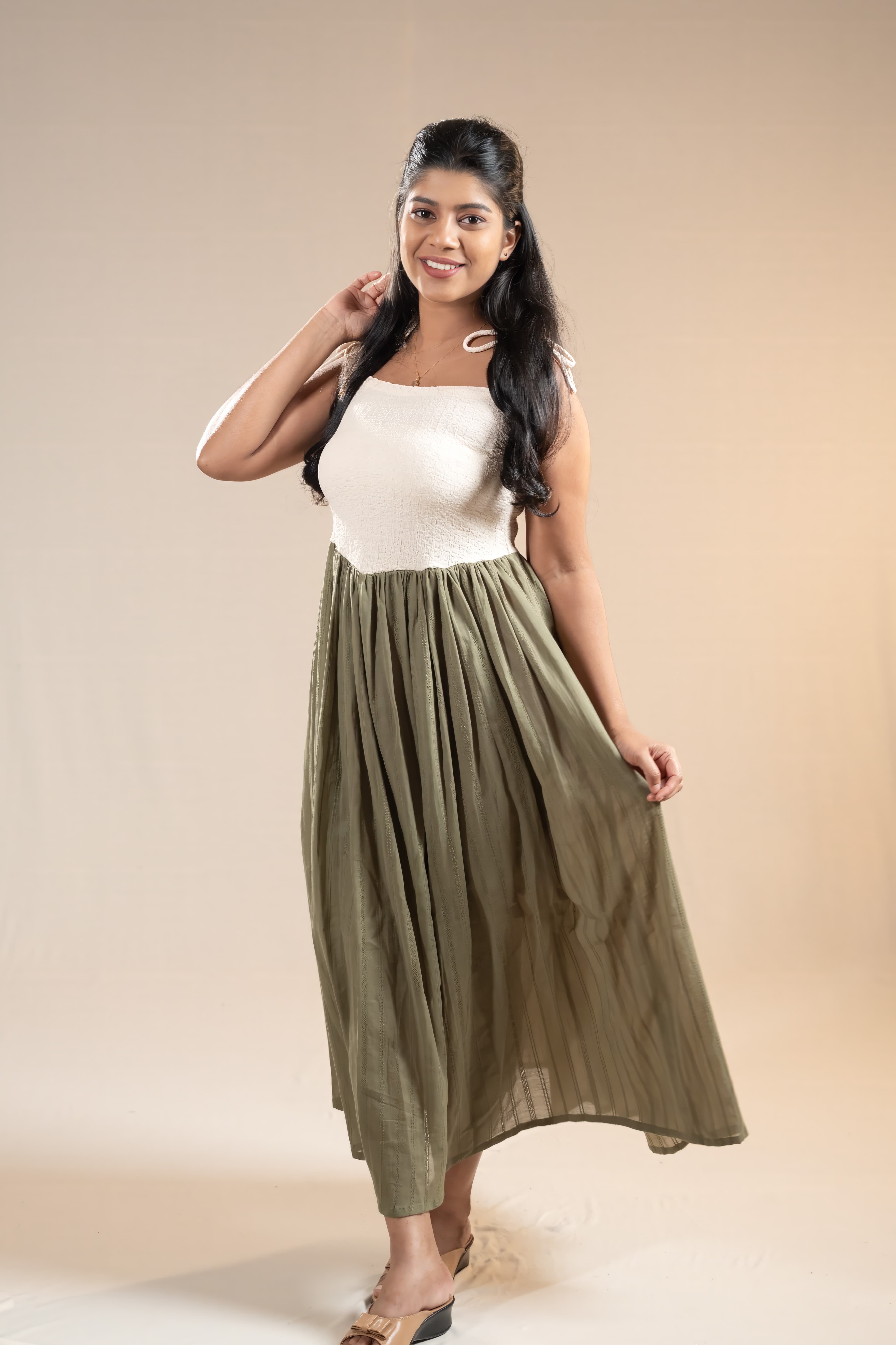 Olive Drift Dress | Textured Colorblock Maxi | Adum Culture