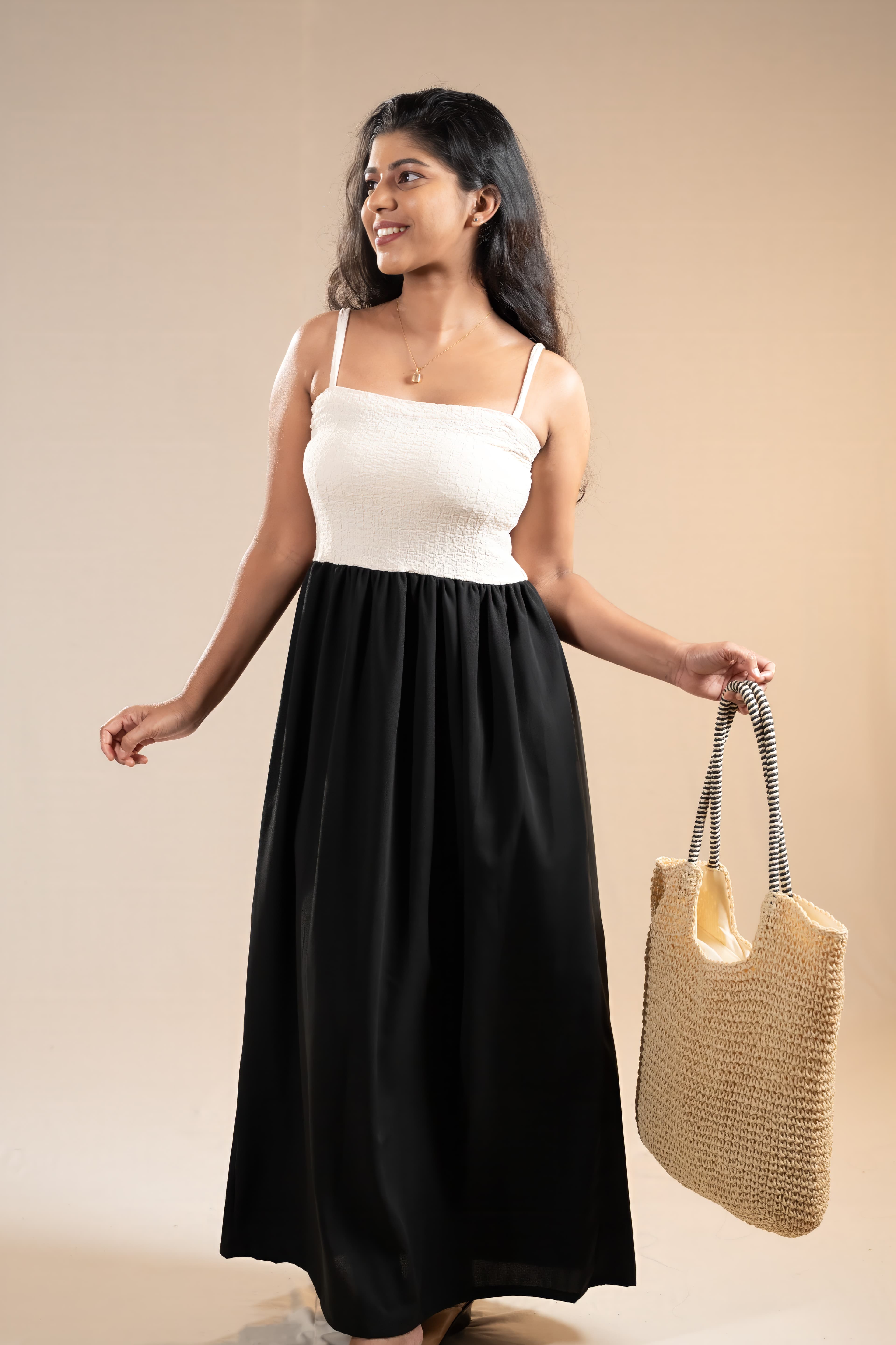 Noir Drift Dress | Smocked Colorblock Maxi | Adum Culture