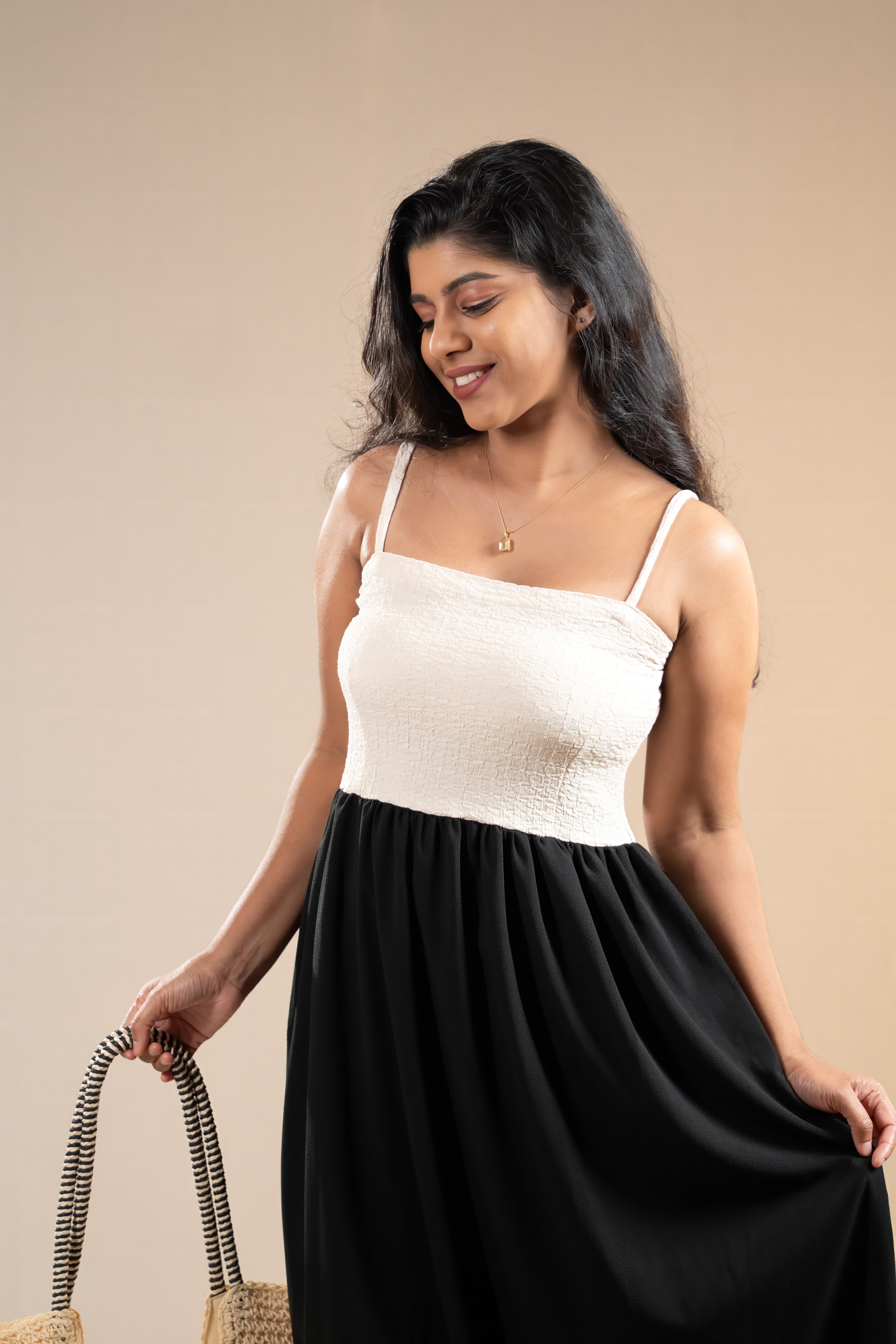 Noir Drift Dress | Smocked Colorblock Maxi | Adum Culture